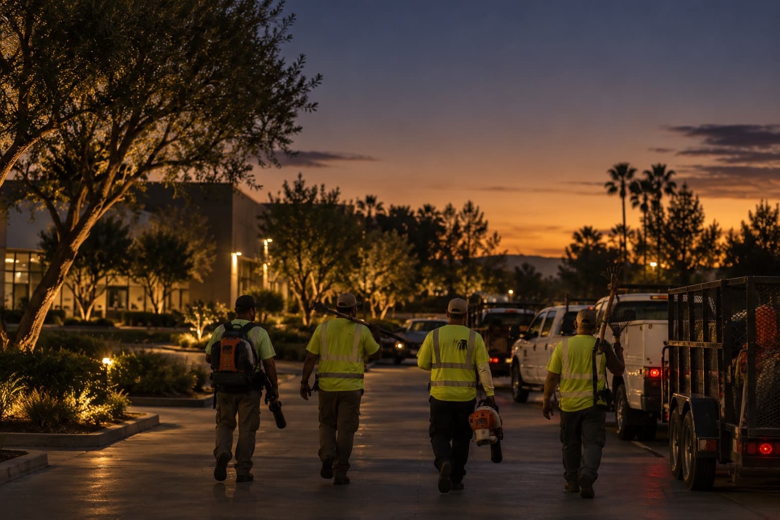 A landscape crew walks back to the trucks at twilight