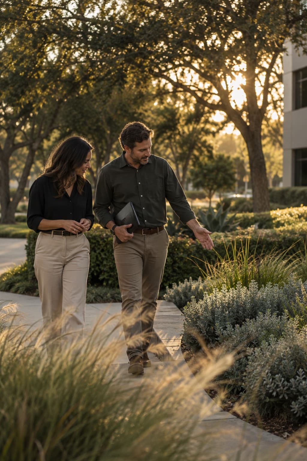 An account manager walks a commercial property with a client at golden hour