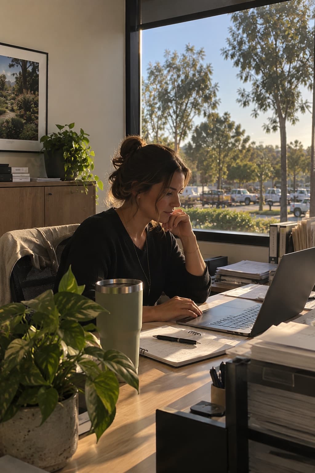 An office admin works at her laptop in morning light