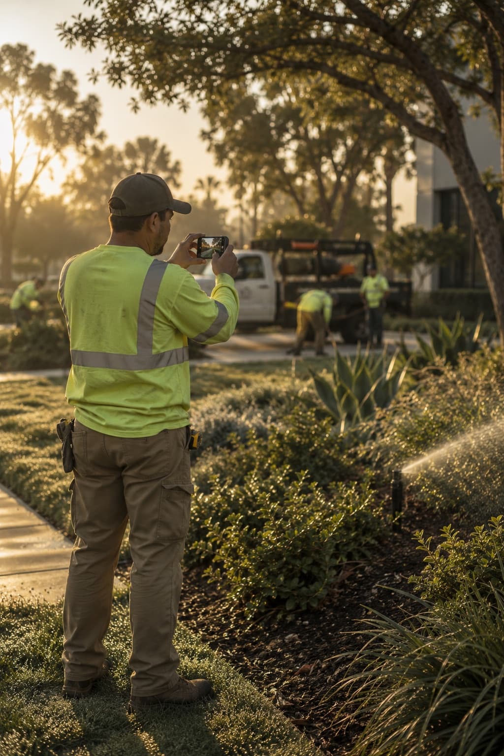 A crew leader in a safety vest photographs a planting bed with his phone