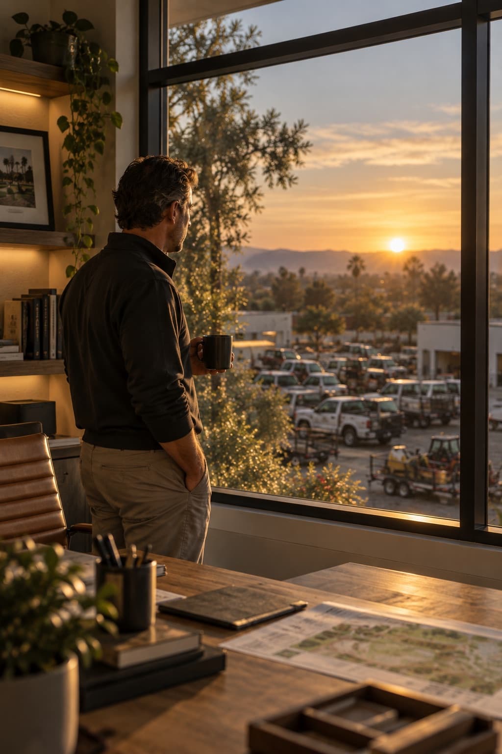 An executive with coffee looks out over the equipment yard at sunrise
